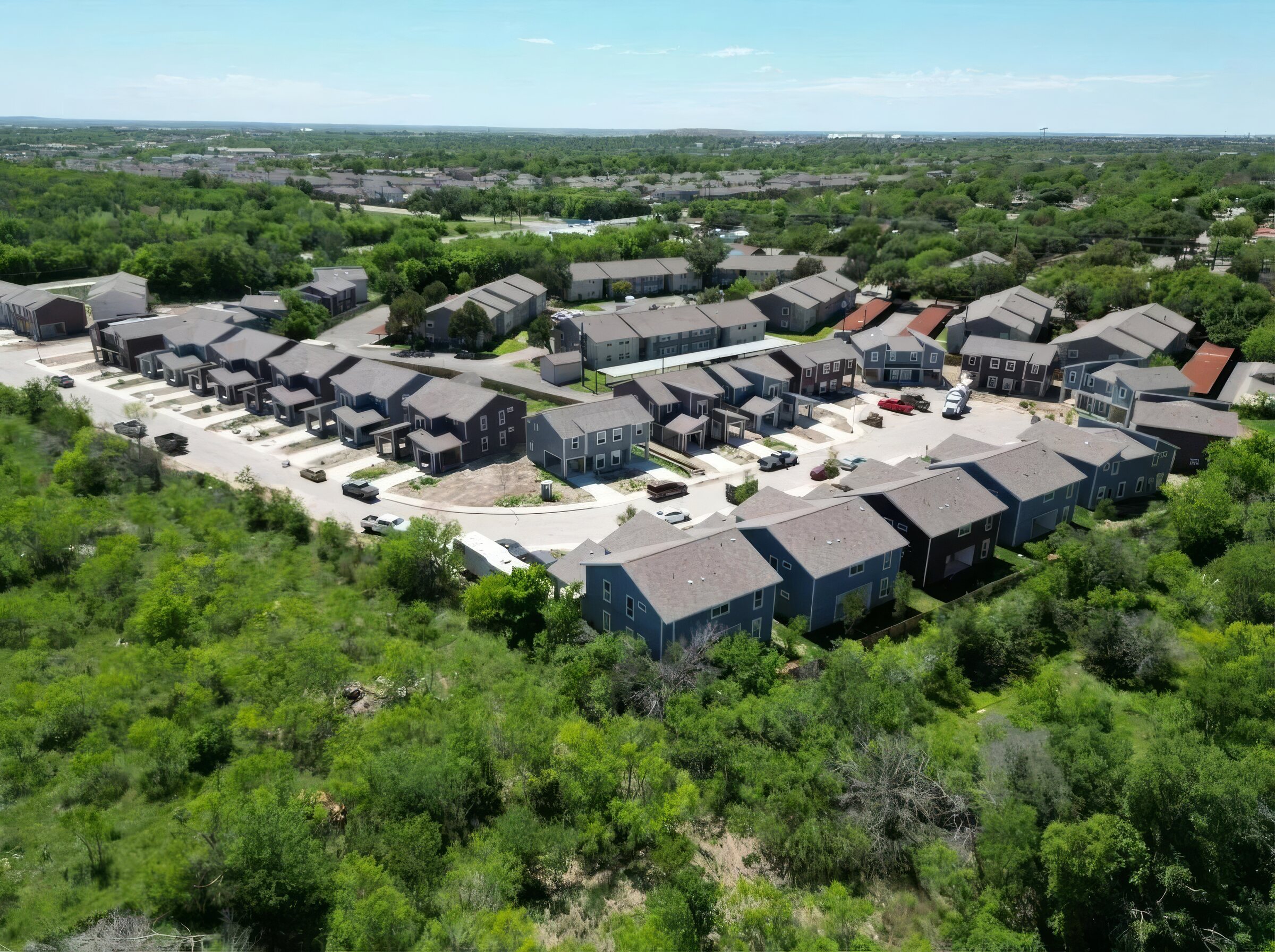 Aerial view of the Zena Gardens townhome community and surrounding San Antonio area